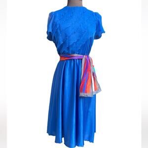 Vtg Blue Ruffled Nylon Coquette Midi Silk Scarf Belt Modest Boho Dress